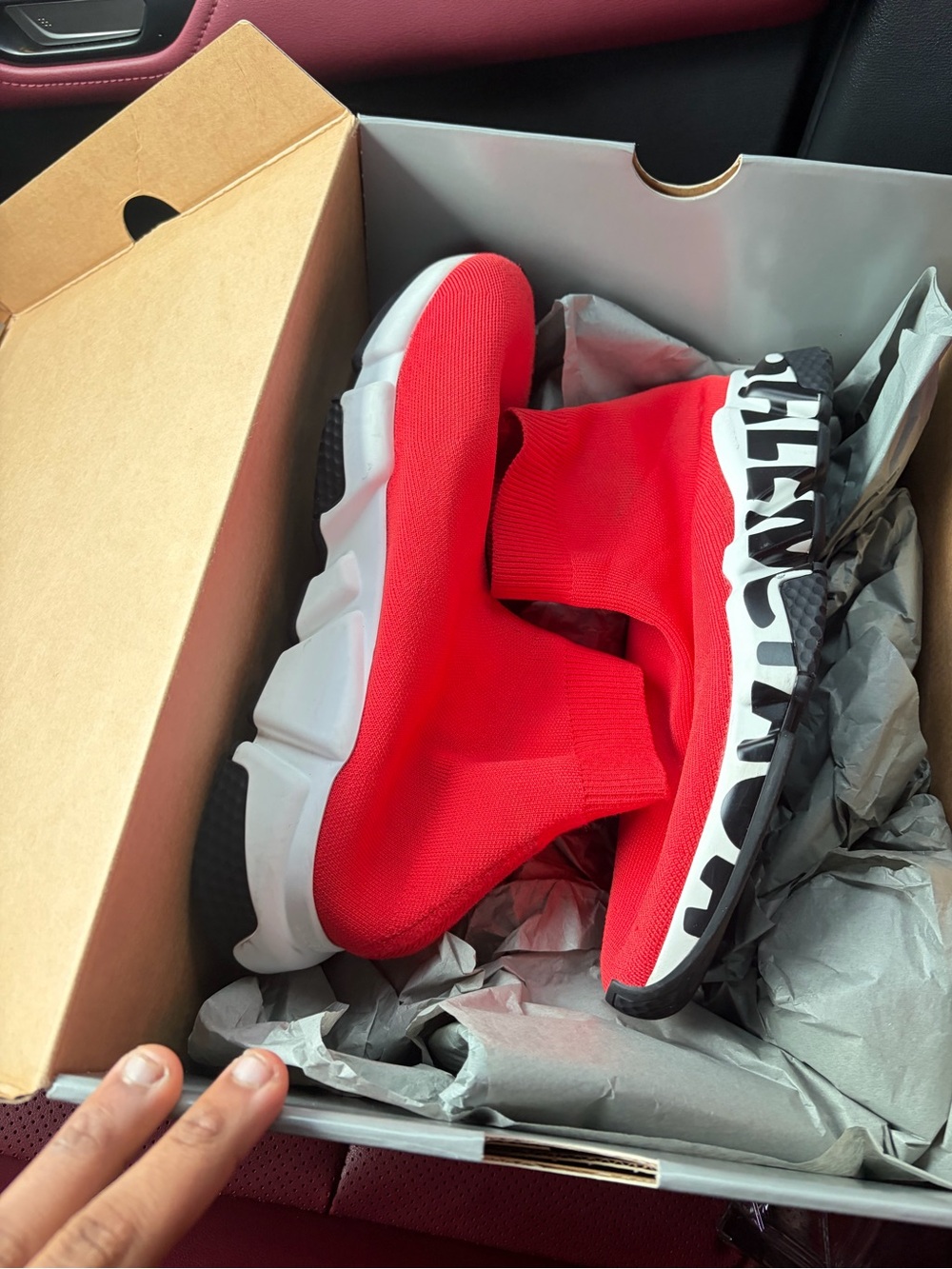 Balenciaga Red Sock-Style Slip-On Sneakers with Black & White Patterned Sole